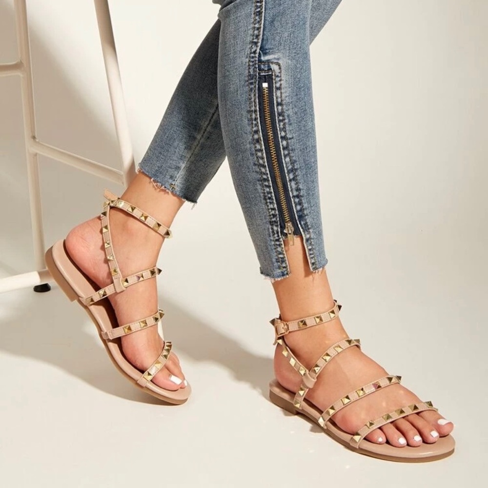 Sassy Ladies Leather Gold Studded Strappy Sandals